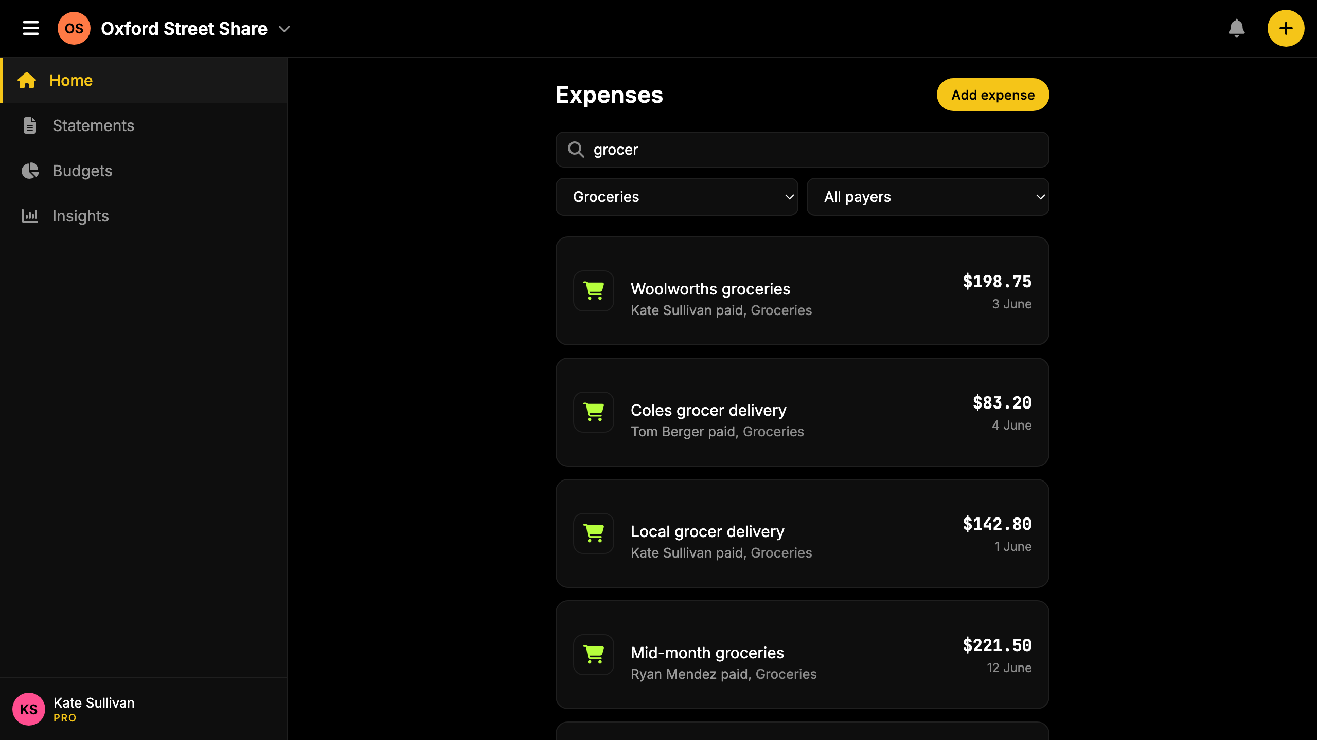 Screenshot: expense list filtered by category.