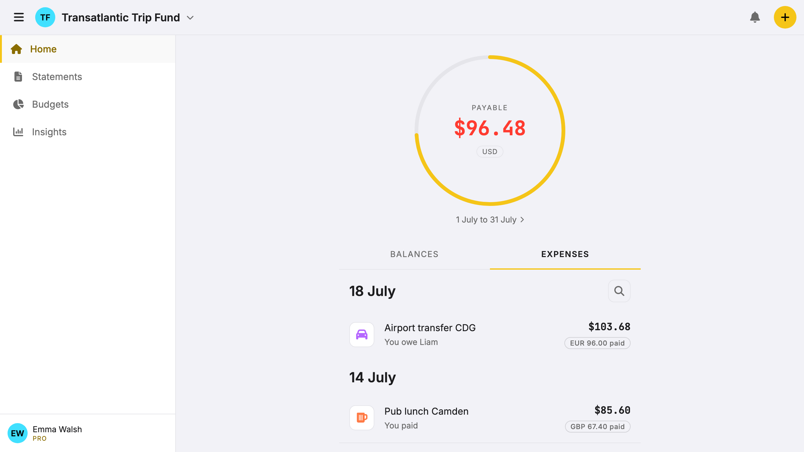 Screenshot: expense list showing EUR and GBP entries, settled in USD.