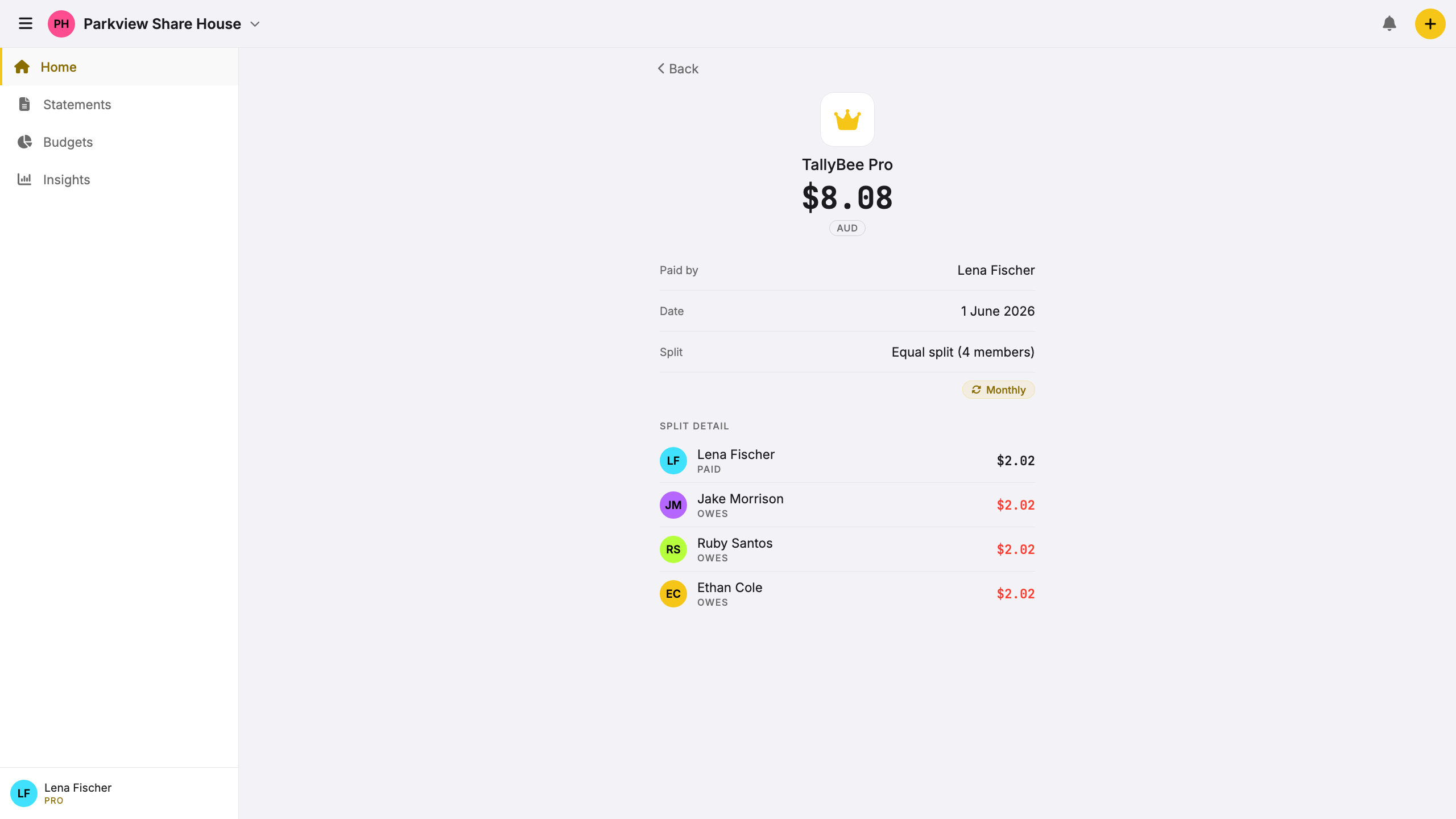 TallyBee's recurring expense screen: a monthly Pro subscription split evenly across all group members.