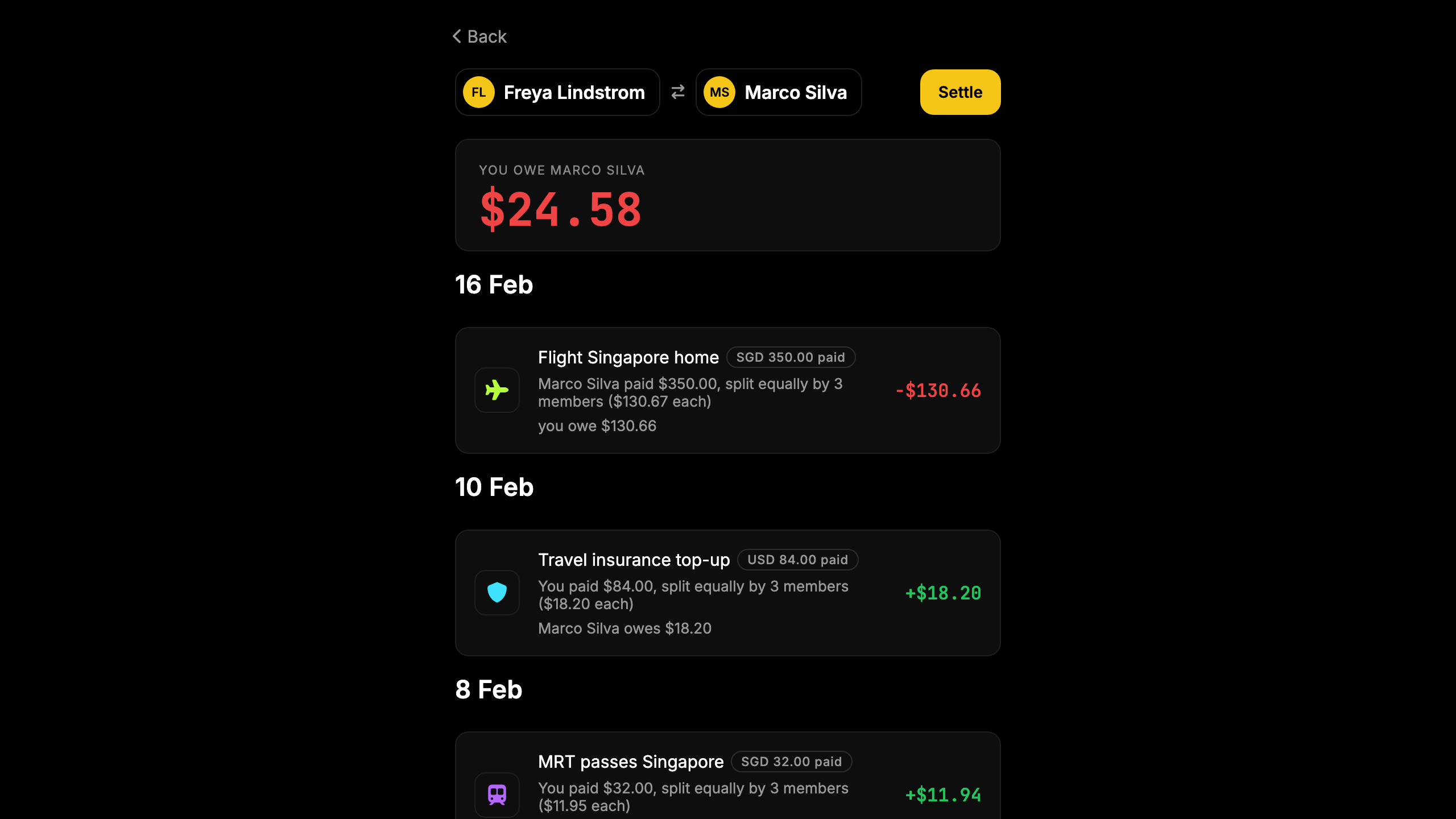 Screenshot: travel group with multi-country expenses and rolling balance.